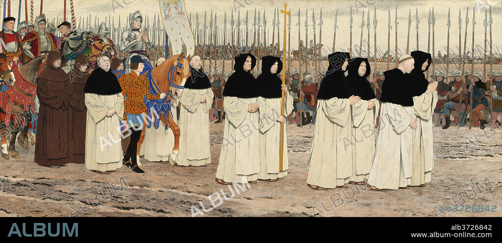 LOUIS MAURICE BOUTET DE MONVEL. The Maid in Armor on Horseback (Joan of Arc series: III). Dated: c. 1908-late 1909. Dimensions: overall: 75.57 × 171.45 cm (29 3/4 × 67 1/2 in.)  framed: 97.79 × 193.04 × 10.16 cm (38 1/2 × 76 × 4 in.). Medium: oil and gold leaf on canvas.