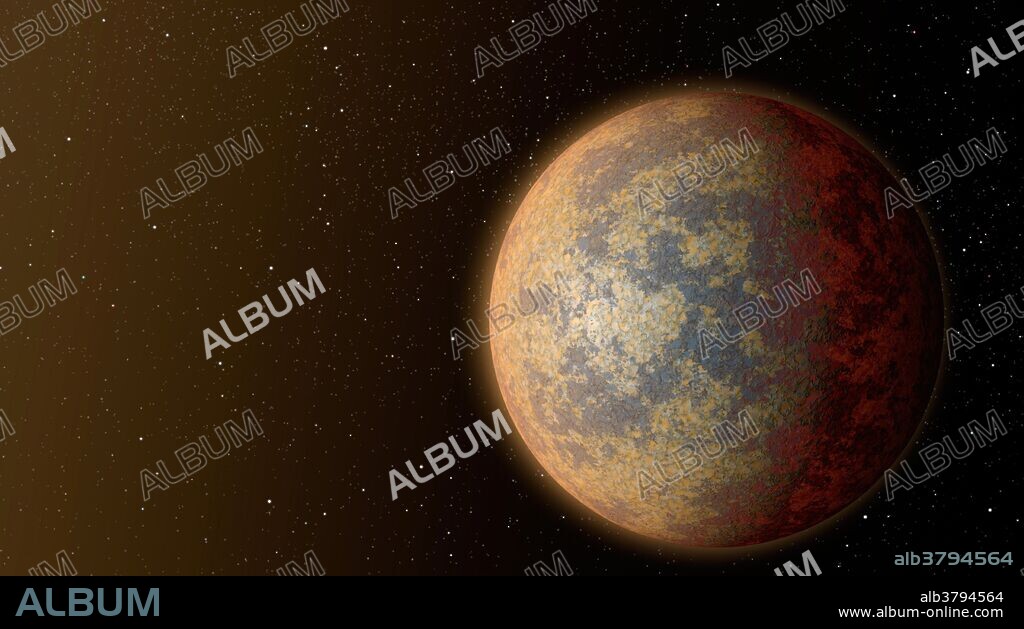 This artist's rendition depicts planet HD 219134b, the nearest rocky exoplanet found to date outside our solar system. The planet is 1.6 times the size of Earth, and revolves around its star in just three days. Scientists predict that the hot and rocky planet would have a partially molten surface with geological activity, including possibly volcanoes.