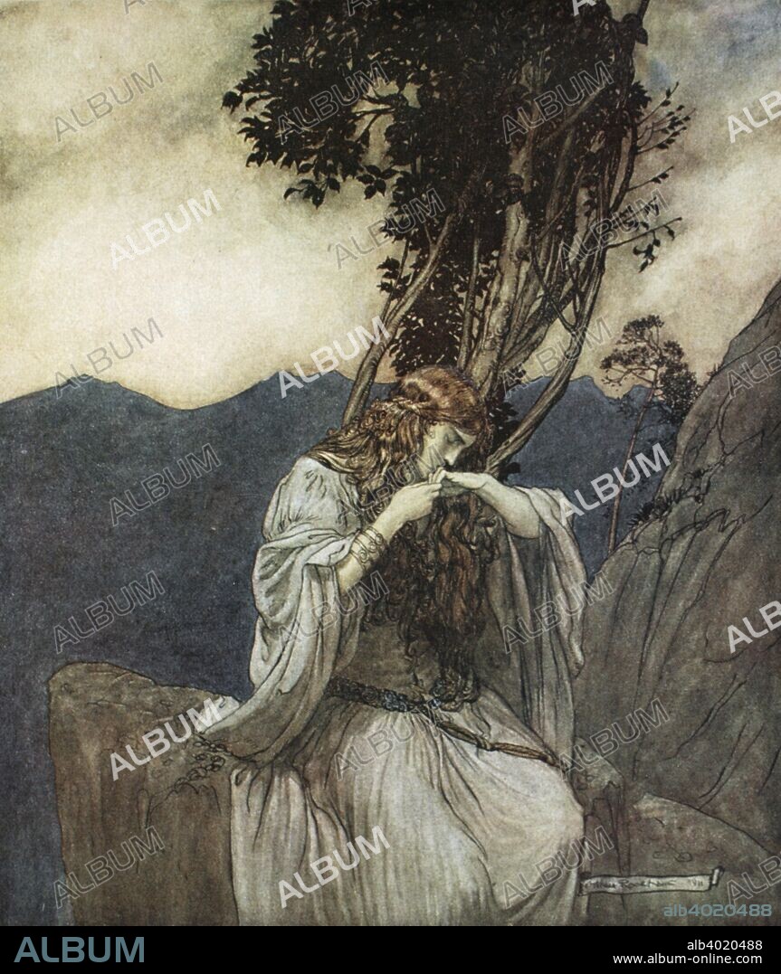 'Brunnhilde kisses the ring that Siegfried has left with her', 1924. Illustration from Siegfried and the Twilight of the Gods. While Siegfried has been posioned with a love potion, Brunnhilde is at home contemplating him and kissing the ring that he left her. From Gotterdammerung (Twilight of the Gods). From a private collection.
