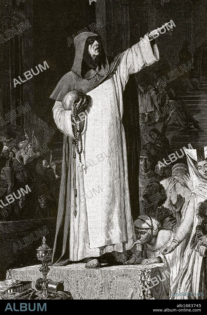 SAVONAROLA, Girolamo (Ferrara, 1452-Florencia, 1498). Predicador y reformador dominico italiano. Excomulgado por el Papa Alejandro VI en 1497, fue ahorcado y quemado en la plaza del Mercado de Florencia. "SAVONAROLA PREDICANDO CONTRA EL LUJO". Grabado del s. XIX.