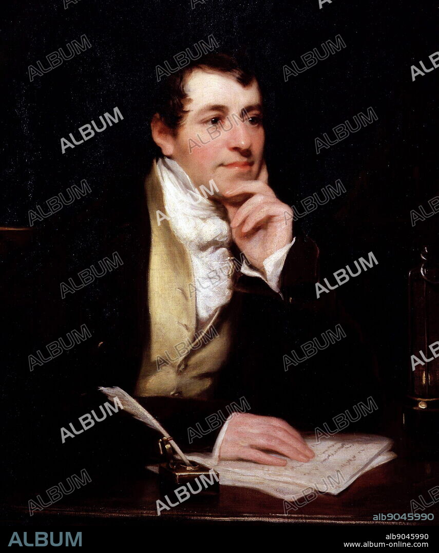 Portrait painting of Sir Humphry Davy, by Thomas Phillips. Sir Humphry Davy was an English chemist and inventor who lived between 1778-1829. The date of painting is unknown, but would've been done between 1800-1845.