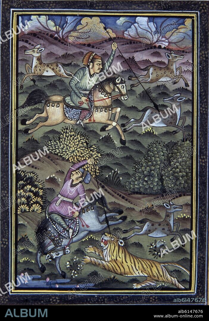 LAMINA INDIA-CAZADORES INDIOS A CABALLO TRAS CIERVO Y LEON-S XIX.