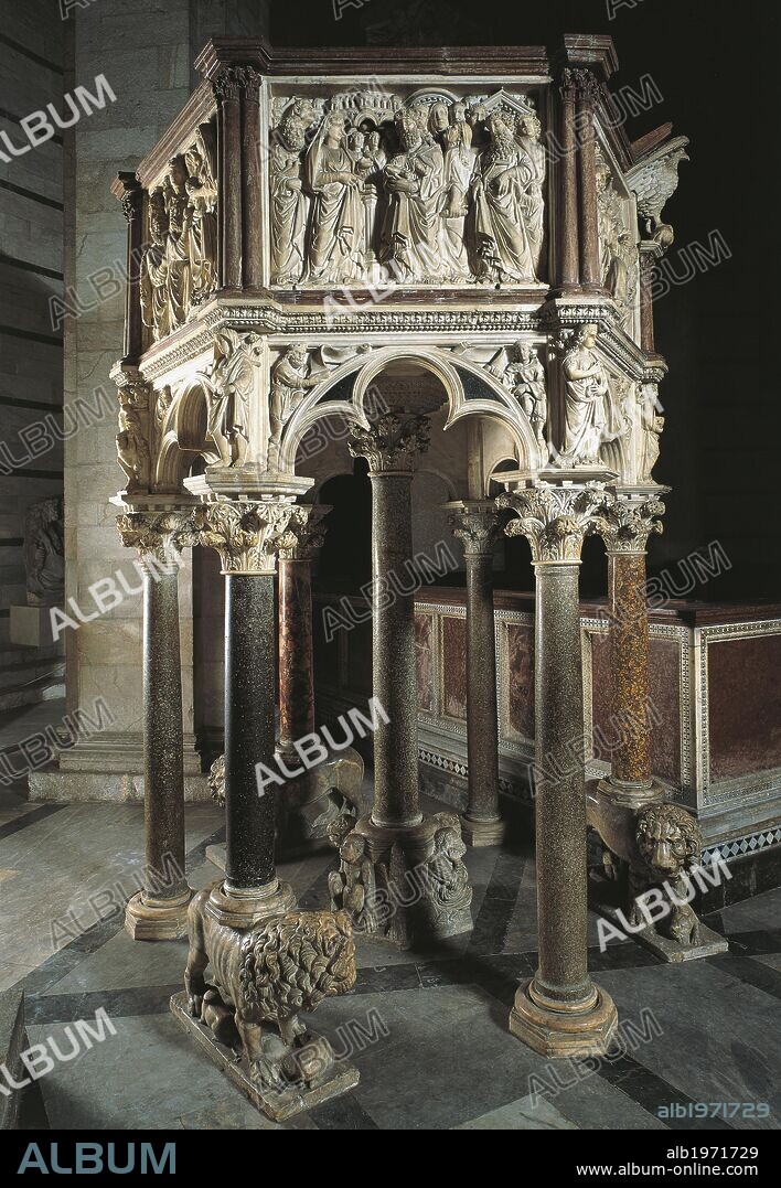 Pulpit of the Baptistery of St John, 1255-1260, by Nicola Pisano (born between 1220 and 1225-died between 1278 and 1287), Baptistery of St John, Cathedral Square or Square of Miracles (UNESCO World Heritage List, 1987), Pisa, Tuscany. Detail. Italy, 13th century.