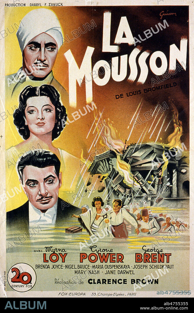 La mousson. Affiche du film realise en 1939 par Clarence BROWN (1890-1987) avec Myrna LOY (1905-1993), Tyrone POWER (1914-1958) et George BRENT (1899-1939). Credit : Coll. Perron/KHARBINE-TAPABOR.