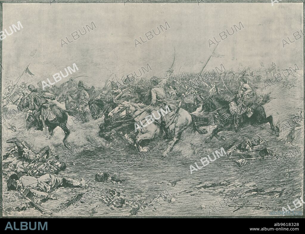 'Charge of the Twelfth Hussars at the Battle of Marengo', 1800, (1896). The Battle of Marengo was fought on 14 June 1800 between French forces under Napoleon Bonaparte (1769-1821) and Austrian forces near the city of Alessandria, in Piedmont, Italy. Engraving after the pen-and-crayon sketch by Eric Pape, after the painting by EJ Delahaye. From Life of Napoleon Bonaparte, Volume II, by William Milligan Sloane. [The Century Co., Macmillan & Co., Limited, New York & London, 1896].