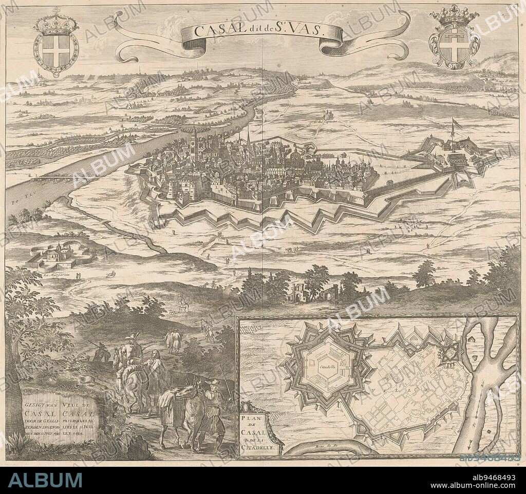 Top left the coat of arms of the house of Savoy, top right the coat of arms of Piedmont. Numbered bottom right: Tom 1. N. 9., View of and map of Casale Monferrato Casal dit de St. Vas / Gesigt of Casal ingenoomen by the allies (...) / Veue de Casal pris parles allies (...) , print maker: anonymous, publisher: Isaac van der Kloot, (mentioned on object), The Hague, 1729, paper, engraving, etching, h 474 mm × w 534 mm.