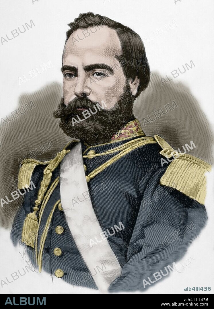 Mariano Ignacio Prado Ochoa (1825-1901). Militar y político peruano. Presidente del Perú en dos ocasiones (1865-1868) y 1876-1879). Retrato. Dibujo por Badillo. Grabado por E. Alba. Coloreado. La Ilustración Española y Americana, 15 de octubre de 1876.