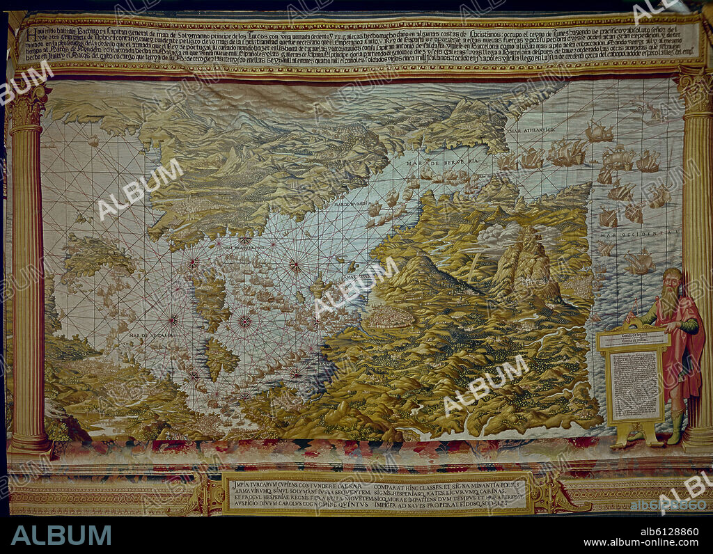 ANÓNIMO. TAPIZ DE LA GUERRA DE TUNEZ - MAPA EXPLICATIVO DE 1535 -TEJIDO EN 1740 - EMBARQUE EN BARCELONA DE LAS TROPAS DESTINADAS A LA CAMPAÑA DE TUNEZ.