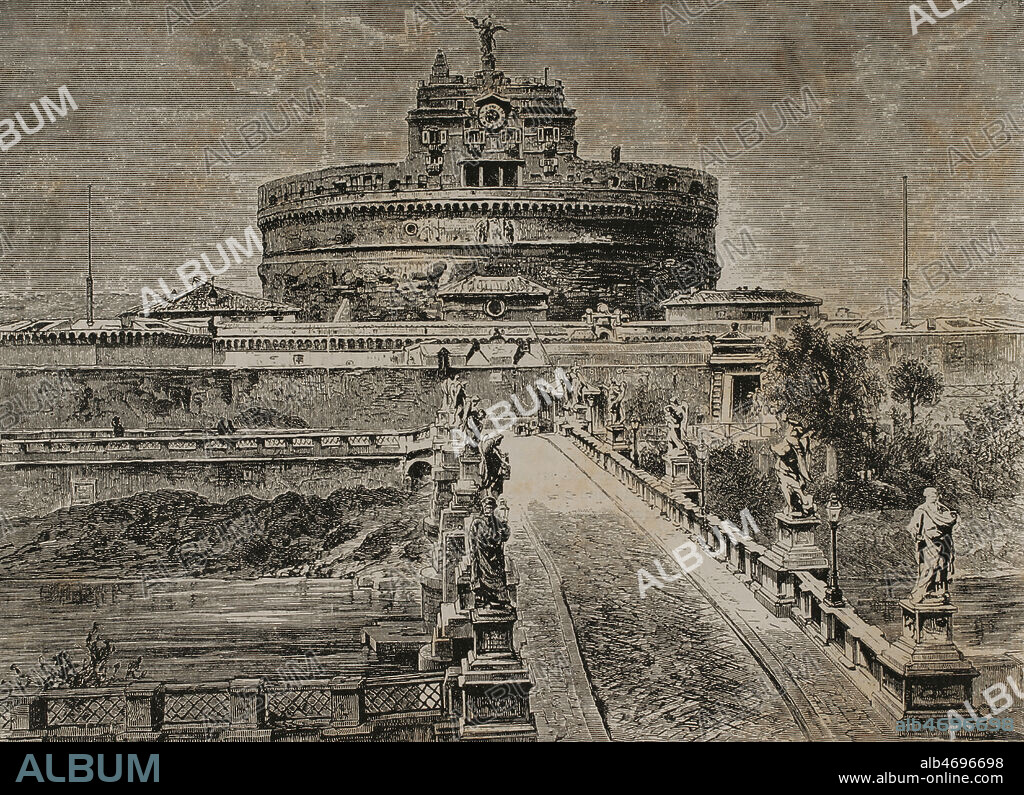 Historia de Italia. Roma. Vista general del Castillo de Sant'Angelo o Mausoleo de Adriano. Grabado. La ilustración. Revista hispano-americana, 1884.