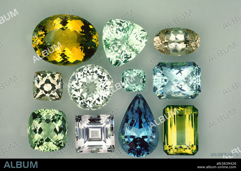 Beryl is a colorless mineral that can acquire many hues as a result of chemical impurities. Each color variety has its own gem name. Blue and blue-green beryl is called aquamarine. Pink or peach material is known as morganite. Colorless beryl is called goshenite, and yellow to orange material is known as golden beryl. The most valuable, emerald, is a rich saturated green due to the presence of chromium and/or vanadium. These faceted gemstones include golden beryl, green beryl, morganite and aquamarine, ranging in size from 4.54 to 40.98 carats.