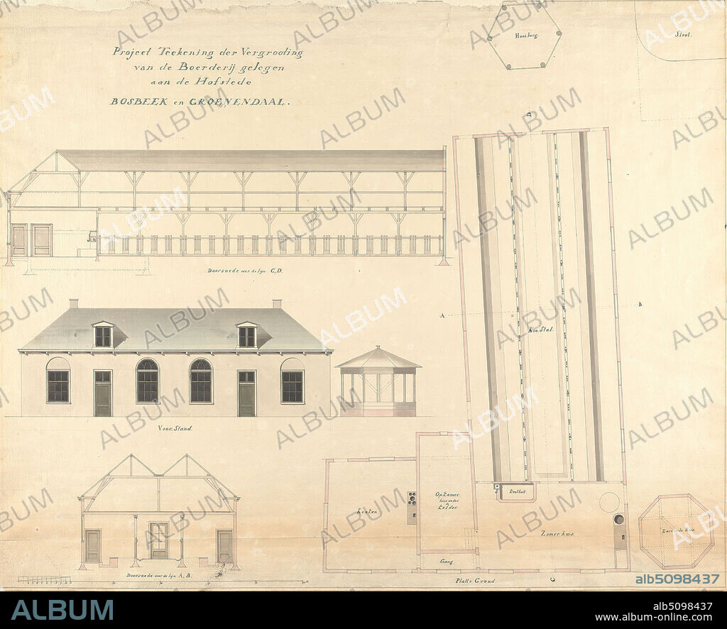 Boschbeek & Groenendaal: Project teekening der Vergrooting van de Boerderij Gelegen aan de Hofstede Bosbeek en Groenendaal, Gerrit Jan Schouten, Born 1815, Dutch, undated, Pen and black ink, watercolor on textured, moderately thick, cream laid paper, Sheet: 20 3/8 × 24 3/4 inches (51.8 × 62.9 cm), architectural subject.