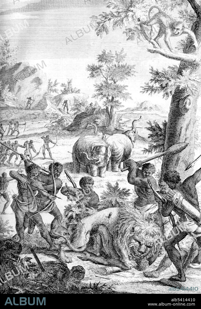 Der Hottentotten manier om wilde dieren te vangen (The Hottentotten way to catch wild animals). The Khoikhoi are the traditionally nomadic pastoralist non-Bantu indigenous population of southwestern Africa. Peter Kolbe (1675-1726) was a Dutch astronomer and naturalist. He is best remembered for his publication Naauwkeurige beschryving van de Kaap de Goede Hoop, describing the geography, climate, flora and fauna, followed by an accurate study of the Hottentots (Khoikhoi), covering their language, religion, lifestyle and customs. Cropped, original sized image appeared in: Naauwkeurige beschryving van de Kaap de Goede Hoop by Peter Kolbe, 1727.