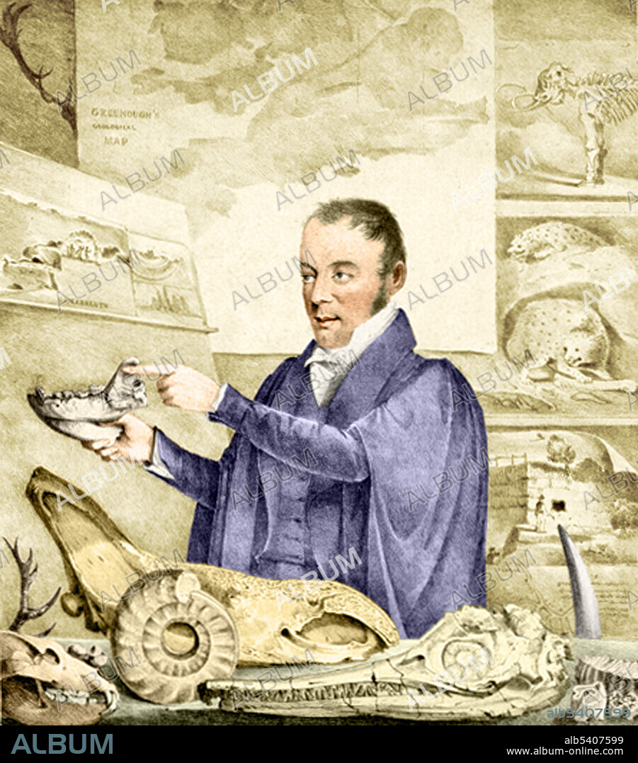 Buckland giving a lecture on fossils and displaying some of his prize specimens. The long-beaked skull at the front is an Ichthyosaur, a marine reptile that belonged to a separate group from the dinosaurs. William Buckland (March 12, 1784, August, 14 1856) the English geologist and palaeontologist who wrote the first full account of a fossil dinosaur, which he called megalosaurus, or great lizard. He was a pioneer in the use of fossilized faeces, for which he coined the term coprolites, to reconstruct ancient ecosystems. Buckland was a proponent of the Gap Theory that interpreted the biblical account of Genesis as referring to two separate episodes of creation separated by a lengthy period, Early in his career he believed that he had found geologic evidence of the biblical flood, but later became convinced that the glaciation theory of Louis Agassiz provided a better explanation.