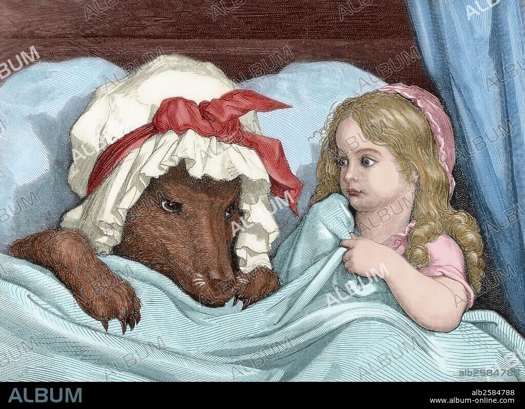 PAUL GUSTAVE DORÉ (basado en). PERRAULT, Charles (París, 1628-París, 1703). Escritor francés. "CAPERUCITA ROJA". Grabado de Gustave DORE que ilustra el popular cuento. "CAPERUCITA ROJA IMPRESIONADA AL VER EL ASPECTO DE SU ABUELITA". Coloreado.