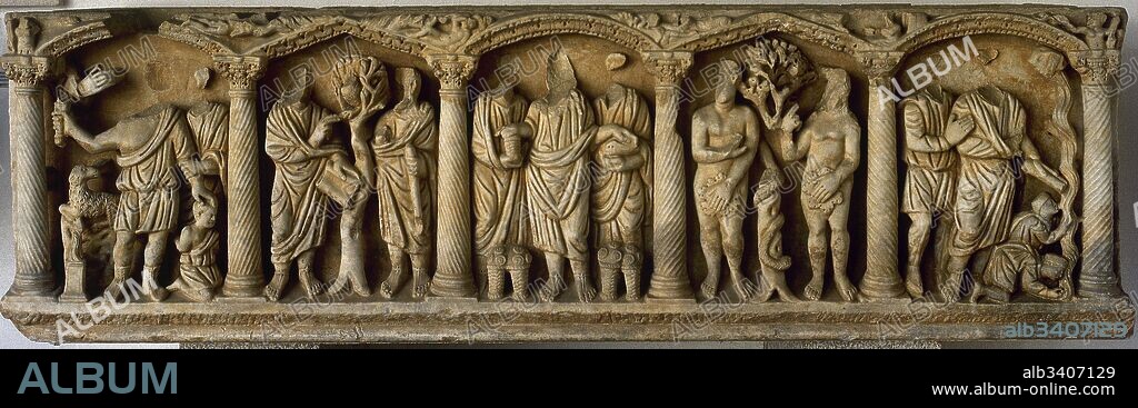 Early Christian sarcophagus. From  left to right: Sacrifice of Isaac, Jesus and Zacchaeus, miracle of loaves and fished, Adam and Eve and the spring sprouting in the desert. Workshop of Rome. 330-335. From Huerta de San Rafael. Archaeological Museum of Cordoba. Andalusia, Spain.