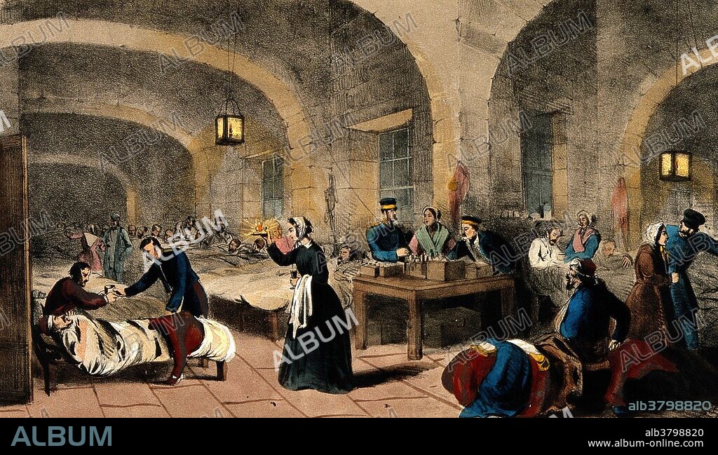 Florence Nightingale checking on her patients and administrating medicine at Scutari Hospital. Colored lithograph by J.A. Benwell. Scutari is where Florence Nightingale worked during the Crimean War (1854-1856). Nightingale (1820-1910) was a British nurse, humanitarian and hospital reformer who is credited with establishing the foundations of modern nursing. Already an experienced nurse, she was appointed director of nursing operations at the war front during the Crimean War. There, her efforts to improve sanitation in the military hospitals drastically reduced the mortality rate among the sick. In 1860, on her return to England, she wrote the textbook Notes on Nursing. This was the first definitive textbook in the field and was translated into many languages.