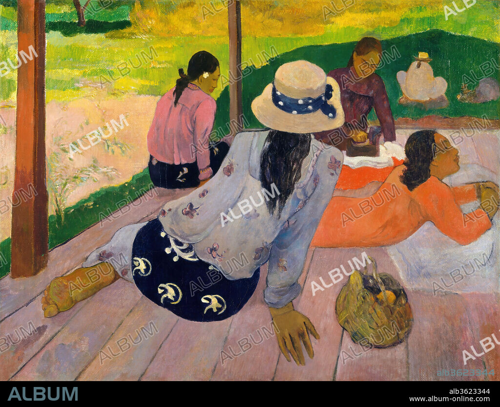 The Siesta. Artist: Paul Gauguin (French, Paris 1848-1903 Atuona, Hiva Oa, Marquesas Islands). Dimensions: 35 x 45 3/4 in. (88.9 x 116.2 cm). Date: ca. 1892-94.
The unaffected grace and communal ease of Tahitian women impressed Gauguin enormously. The artist worked on this painting over an extended period, incorporating numerous changes. The skirt of the woman in the foreground, for example, was originally bright red; there was a dog in the position now occupied by the basket at lower right; and the woman seated at the left edge of the porch was previously situated further to the left.