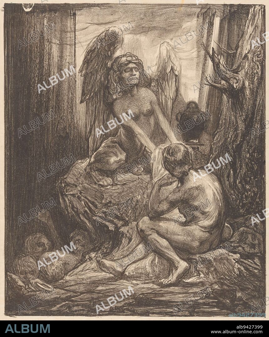Oedipus in the company of the sphinx, a monster with the head of a woman, the body of a lion and the wings of an eagle. Sitting down, he thinks about her riddle: 'What creature is it that has a voice and goes on four feet in the morning, two feet in the afternoon and three feet in the evening? He who did not know the answer was torn by the sphinx. Bottom left are the bodies of previous victims of the sphinx, Oedipus and the sphinx., print maker: Johannes Josephus Aarts, 1881 - 1934, Japanese paper (handmade paper), h 338 mm × w 283 mm.
