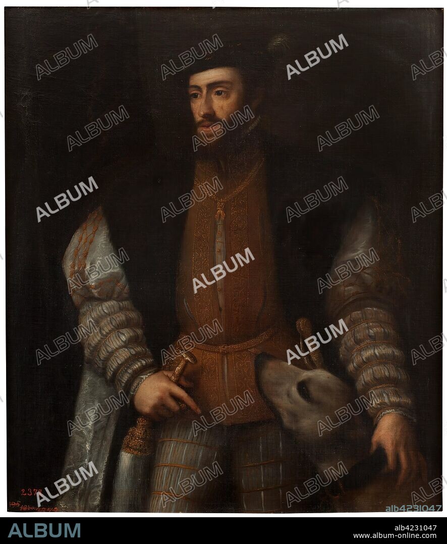 ANÓNIMO. Anónimo (Copia de Tiziano, Vecellio di Gregorio) / 'El emperador Carlos V con un perro'. Segunda mitad del siglo XVI. Óleo sobre lienzo, 112 x 99 cm.