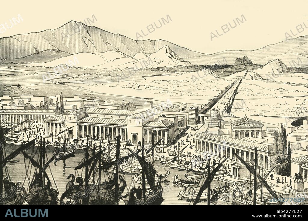 'The Piraeus with the Long Walls, Restored', 1890.  The Long Walls connected Athens to the ports of Piraeus and Phalerum. Initially constructed in mid 5th century BC, destroyed by  Spartans in 403 BC and rebuilt with Persian support during the Corinthian War in 395-391 BC. From "Cassell's Illustrated Universal History, Vol. I - Early and Greek History", by Edmund Ollier. [Cassell and Company, Limited, London, Paris and Melbourne, 1890].