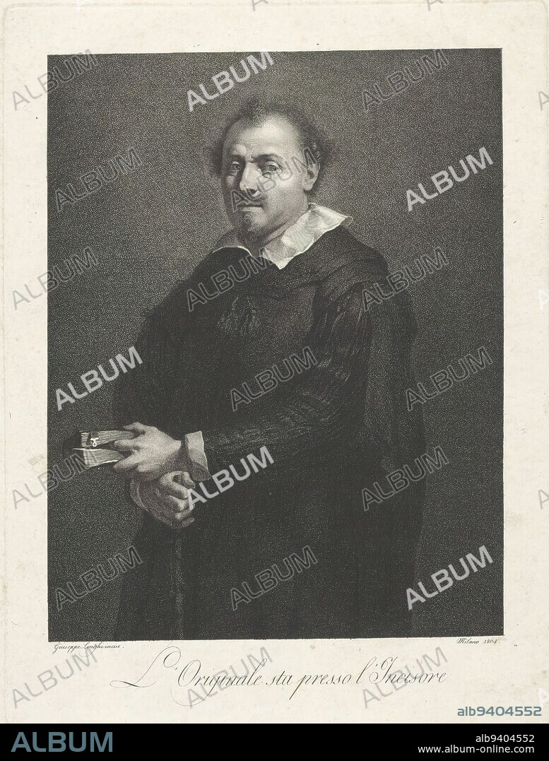 Portrait of an unknown man with book, Standing man, dressed in toga, book in hand. Kneepiece., print maker: Giuseppe Longhi, (mentioned on object), after design by: Rembrandt van Rijn, (attributed to), Milaan, 1804, paper, etching, height 308 mm × width 232 mm.