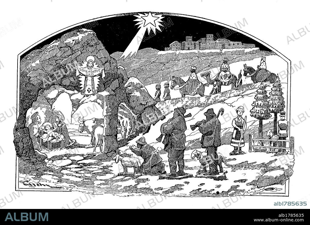 Representación del nacimiento de Jesús en Belén. Dibujo de Cuchy. Grabado de 1905.