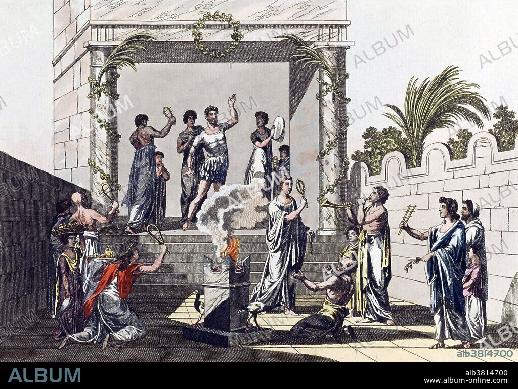 The cult of Isis was centered around the Egyptian deities Isis and Osiris. Its Roman origins are placed in the early empire, which would make it very likely that the Egyptian campaigns of the Second Triumvirate brought the cult to Rome. The central image of the cult concerned the myth of the death and rebirth of Osiris. In this myth, Osiris' brother Seth (god of death and punishment) was envious of Osiris' rulership of Egypt and the Nile and murdered him, cutting him into many pieces. Osiris' wife Isis then gathered the pieces together and took them into herself and gave birth to Osiris, resurrecting him. The cult mainly concerned itself with concepts of material sacrifice, and rituals involving symbolic death and the revelations of cult secrets. Unlike other mystery religions, there were yearly rituals, daily services and public displays of devotion to Isis, with temples, devoted priests, and the worshipers in her honor. Illustration appeared in "Costumes, manners, customs and material culture in Antiquity and the Middle Ages by Robert von Spalart, 1804-11.