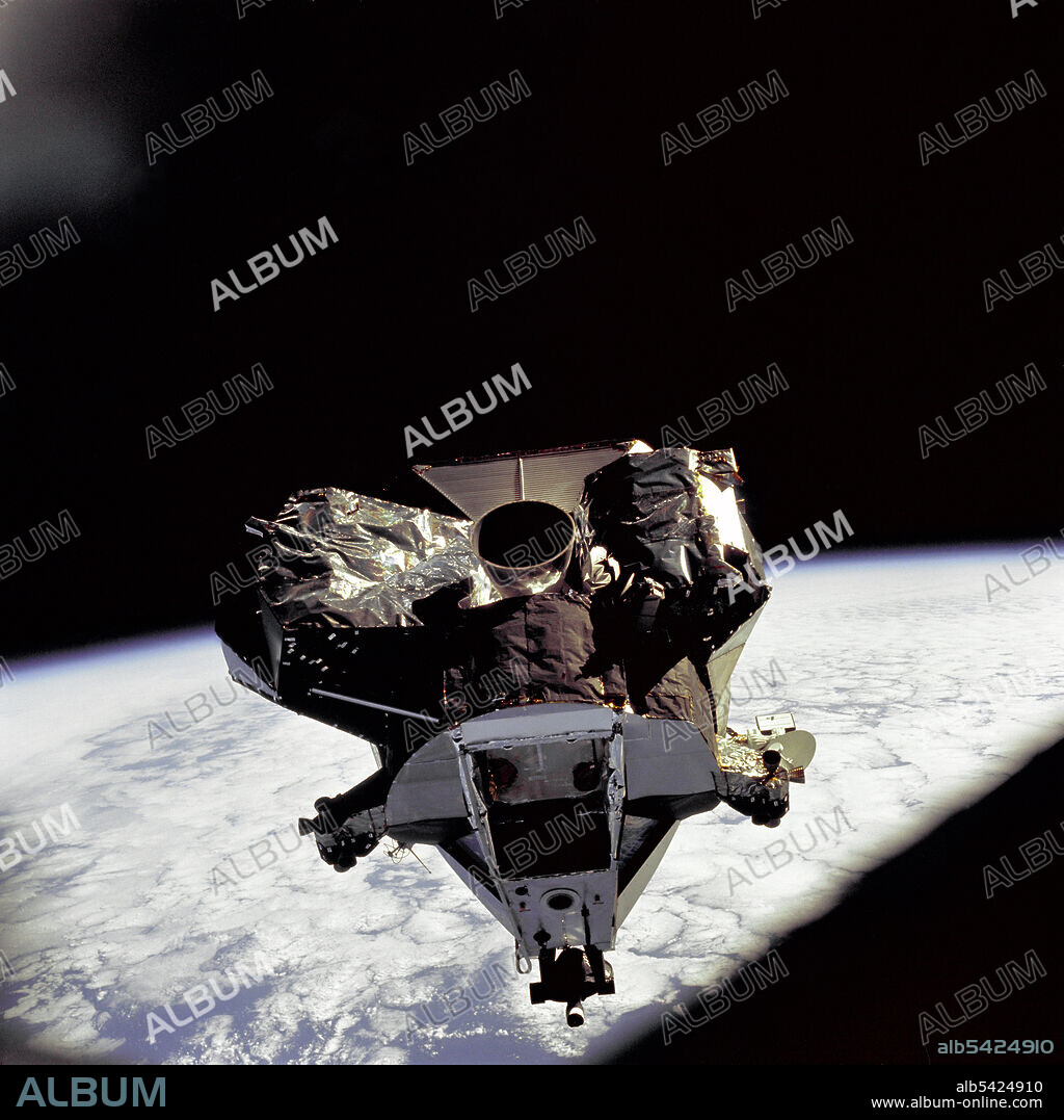 DAVID SCOTT. Lunar Module Ascent Stage, 1969. The Lunar Module "Spider" ascent stage is photographed from the Command/Service Module on the fifth day of the Apollo 9 earth-orbital mission. The Lunar Module's descent stage had already been jettisoned.