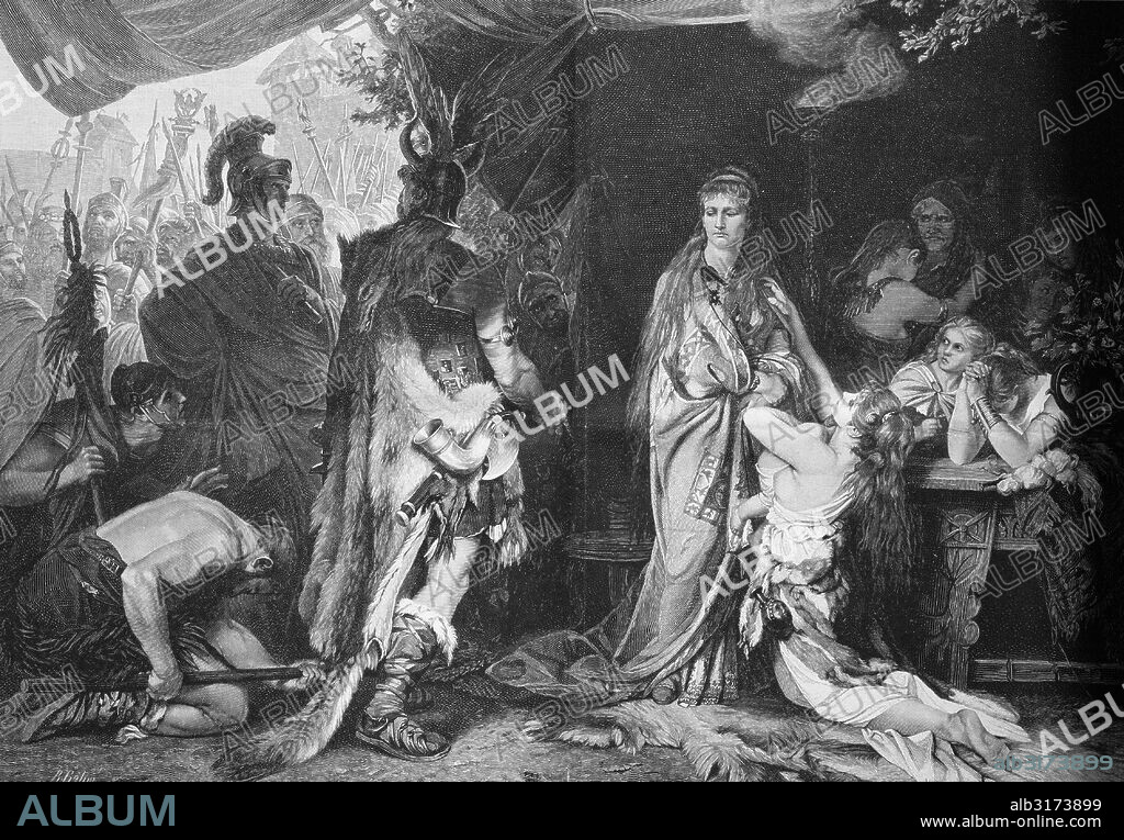 Tusnelda being handed over from her father segestes to the roman general germanicus, circa 17 ad, a daughter of the cheruscan prince segestes and the wife of the cheruscan prince arminius, historical engraving, circa 1885.
