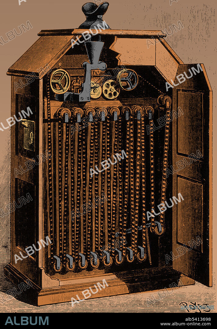 The Kinetoscope is an early motion picture exhibition device designed for films to be viewed by one individual at a time through a peephole viewer window at the top of the device. The Kinetoscope was not a movie projector but introduced the basic approach that would become the standard for all cinematic projection before the advent of video, by creating the illusion of movement by conveying a strip of perforated film bearing sequential images over a light source with a high-speed shutter. The 35 mm film travelled continuously over a bank of rollers, each picture being viewed briefly through a narrow slot in the revolving shutter. First described in conceptual terms by U.S. inventor Thomas Edison in 1888, it was largely developed by his employee William Kennedy Laurie Dickson between 1889 and 1892.
