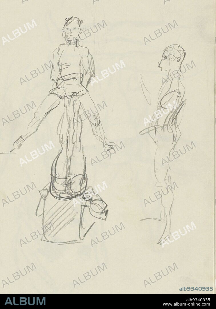 A figure watches how an acrobat with spread legs balances on the feet of another acrobat in candle position. Sheet 25 recto from sketchbook XVI with 32 sheets, Acrobats, Isaac Israels, c. 1915 - 1934.