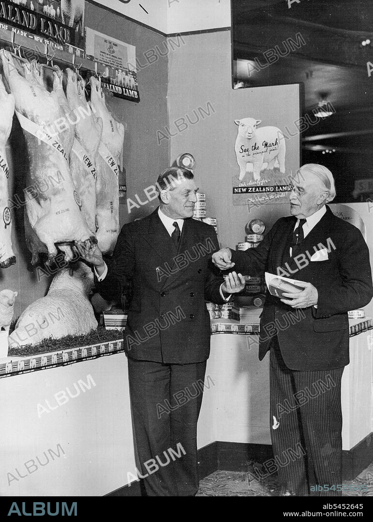 Exhibition of Empire Products :
Vice Admiral Taylor (left) and Mr. Gordon Selfridge of Selfridge Stores, London, with New Zealand exhibits at the exhibition.
Vice Admiral Taylor, M.P. opened the exhibition of Empire products at Whiteleys, London. March 23, 1936. (Photo by Universal Pictorial Press & Agency).