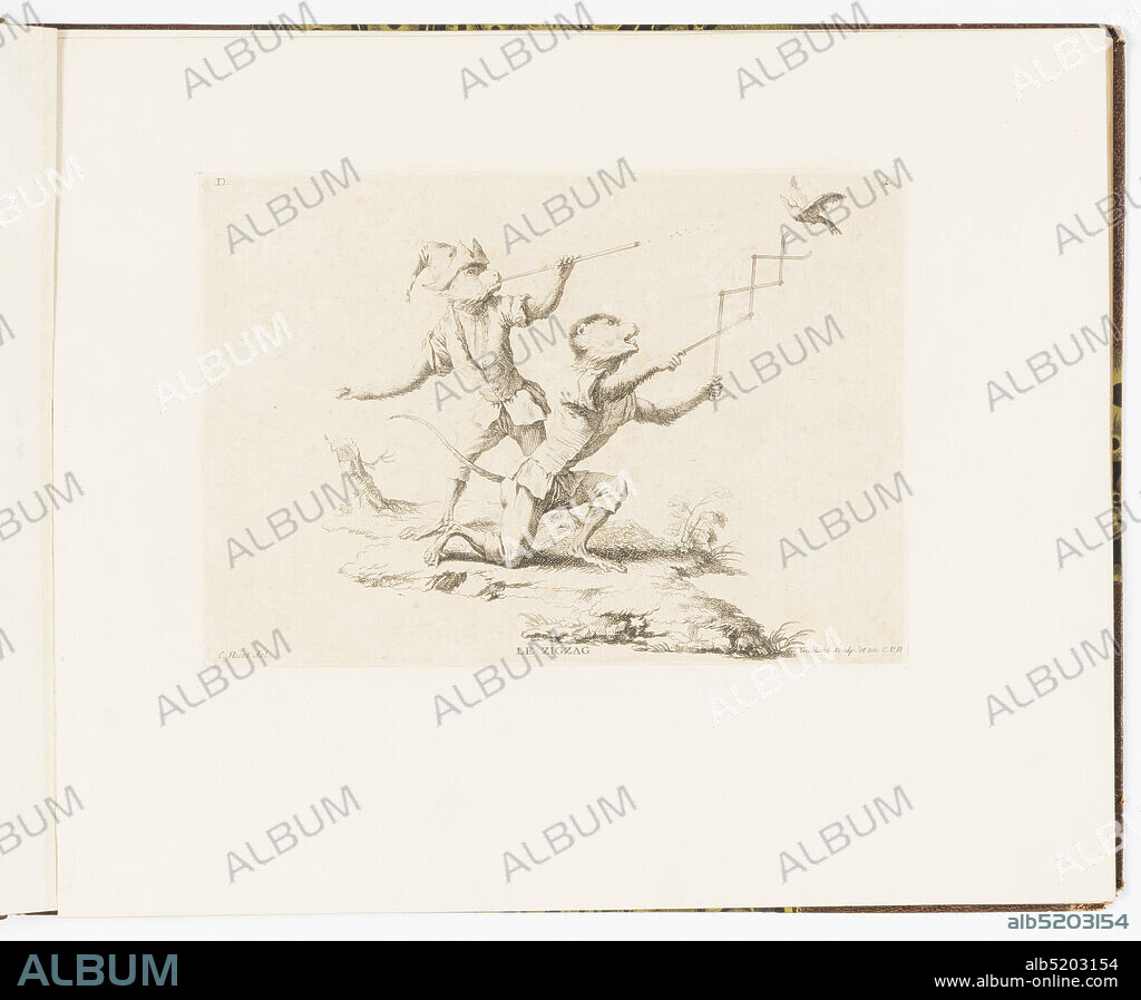 Plate 4, Le Zigzag (The Zigzag), Singeries ou différentes actions de la vie humaine représentées par des singes (Monkey Antics or Different Actions of Human Life Represented by Monkeys), Christophe Huet, French, 17001759, Jean-Baptiste-Antoine Guelard, French, 1719ca. 1755, Charpentier, Paris, France, Etching on paper, Plate 4 of a series of 23 prints featuring monkeys acting as humans in various figural scenes. In outdoor setting, two monkeys in human costume. At left, standing behind the figure at right, is a monkey wearing a feathered cap and tunic. He holds a long thin tube to his lips that he is using as a blow gun to shoot pellets at a bird in flight at upper right. To his right, a monkey on one knee holds a crisscrossing contraption to trap the bird in the air. He looks up at the bird with his mouth open and tongue hanging out. Indication of tree stump in background., Paris, France, ca. 1743, albums (bound) & books, Bound print, Bound print.