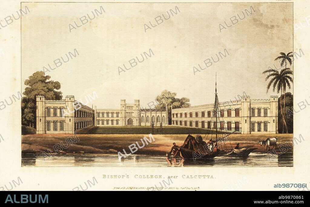 Bishops College, near Kolkata (Calcutta), India., 1822. Founded by Bishop Thomas Middleton at Sidpur at the side of Hoogly River, 1820. (Now part of Bengal Engineering College.) Handcoloured copperplate engraving from Rudolph Ackermanns Repository of Arts, Literature, Fashions, Manufactures, etc., Strand, London, 1822.