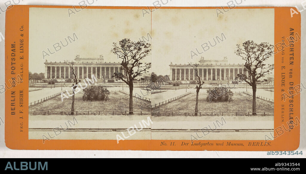 View of the Altesmuseum from the Lustgarten, Berlin, Der Lustgarten und Museum. Berlin (title on object), Ansichten von Deutschland, Berlin und Potsdam (series title on object), Johann Friedrich Stiehm (mentioned on object), publisher: E. Linde & Co (mentioned on object), Lustgarten, publisher: Berlin, 1868 - 1870, cardboard, paper, albumen print, height 86 mm × width 176 mm.