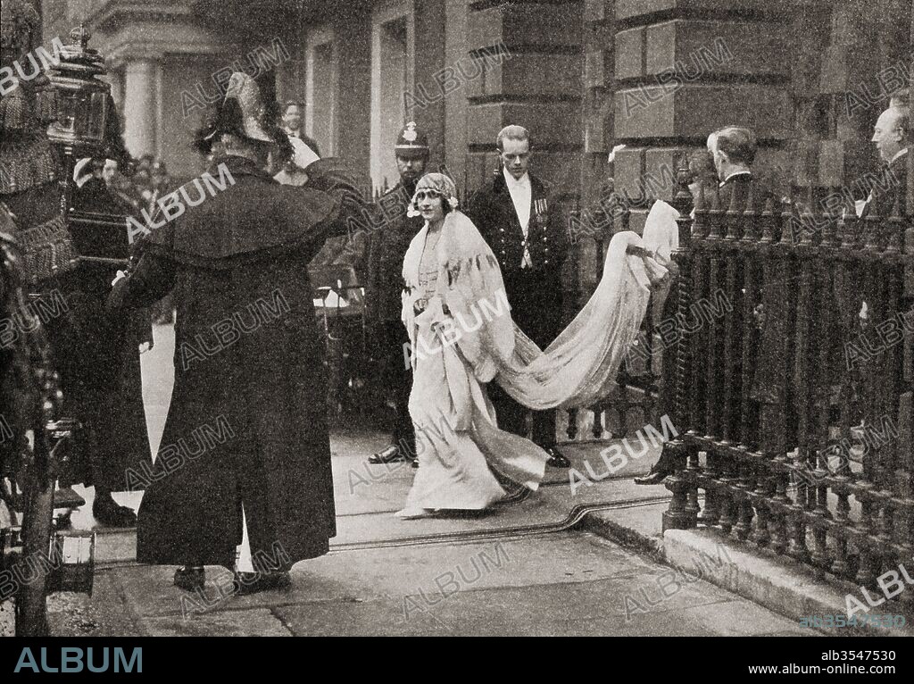 Lady Elizabeth Bowes Lyon on her way to her wedding on April 26, 1923, to H.R.H. The Duke of York, later King George VI. Elizabeth Angela Marguerite Bowes-Lyon, 1900 – 2002. George VI, 1895 – 1952. King of the United Kingdom. From The Story of Twenty Five Years, published 1935.