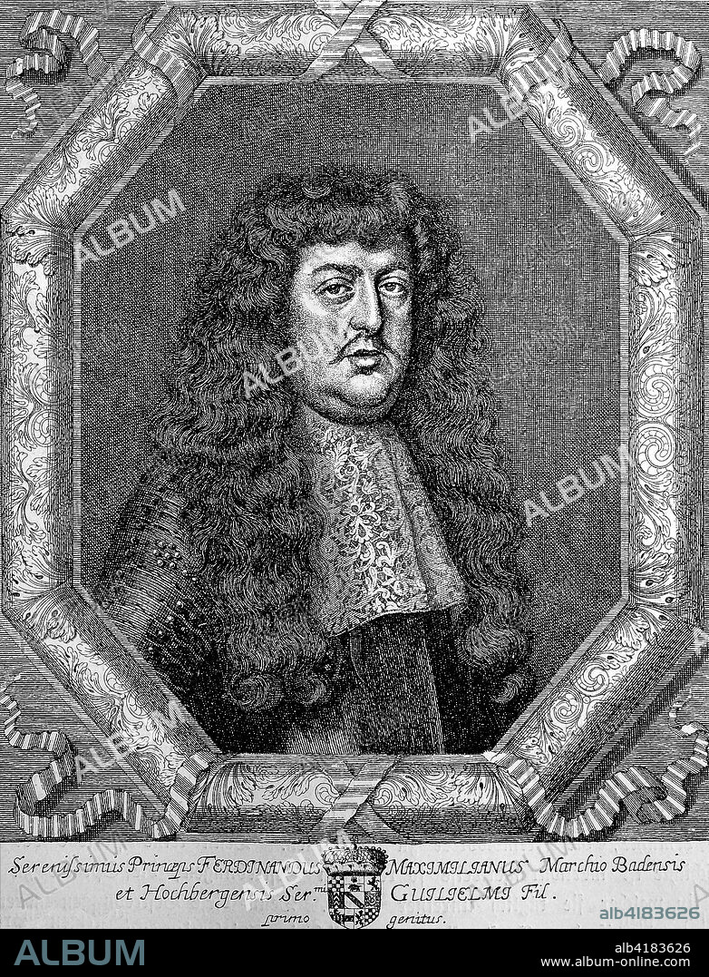 Ferdinand Maximilian of Baden-Baden, Hereditary Prince of Baden-Baden, 1625-1669, was the father of the famous general Louis William, Margrave of Baden-Baden, woodcut from the year 1885, digital improved.
