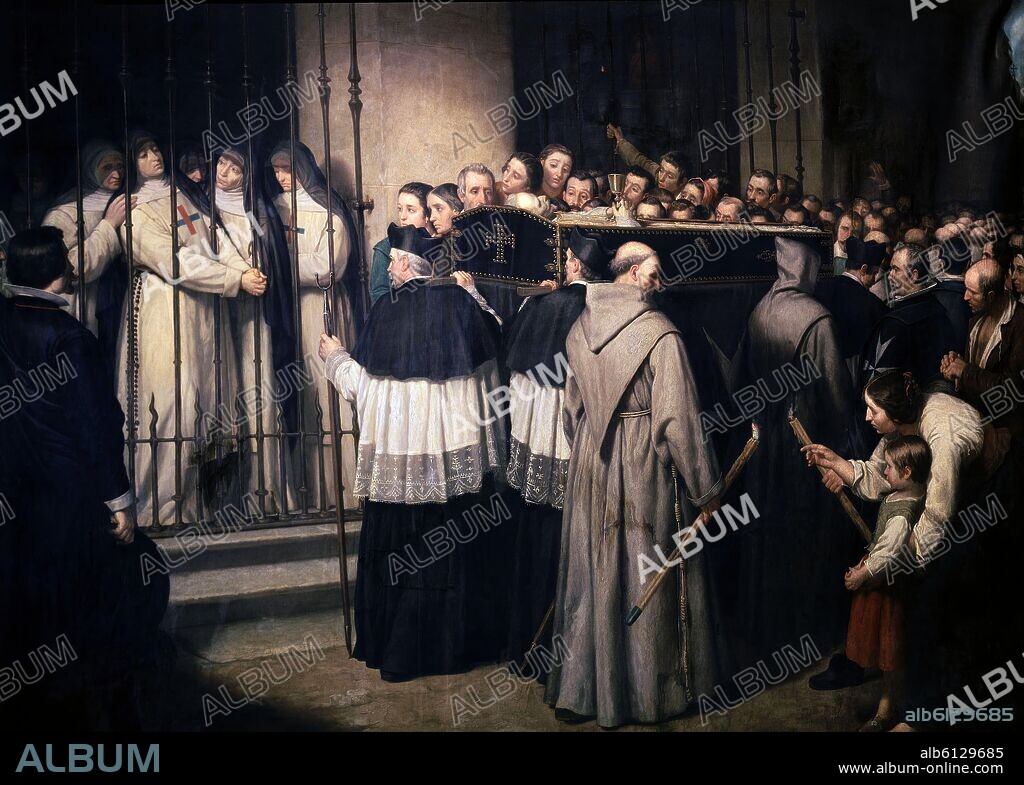IGNACIO SUAREZ LLANOS (1830-1881). ENTIERRO DE LOPE DE VEGA EN MADRID EL 27/8/1635  A SU PASO POR EL CONVENTO DE LAS TRINITARIAS DESCALZAS DONDE ESTABA SU HIJA DE MONJA - 1862.