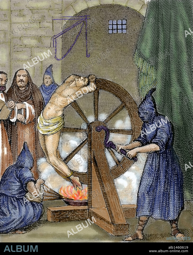 INSTRUMENTOS DE TORTURA utilizados por la INQUISICION. METODO DE LA RUEDA. Grabado coloreado.