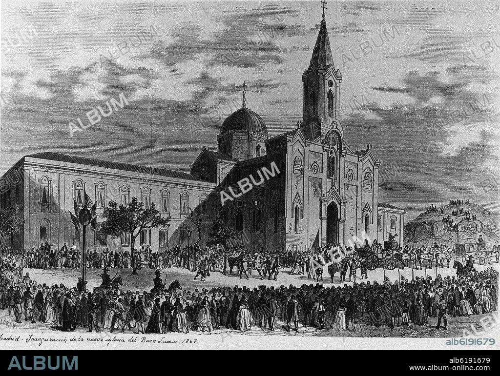 MADRID - INAUGURACION DE LA NUEVA IGLESIA DEL BUEN SUCESO - 1867 - GRABADO SIGLO XIX.