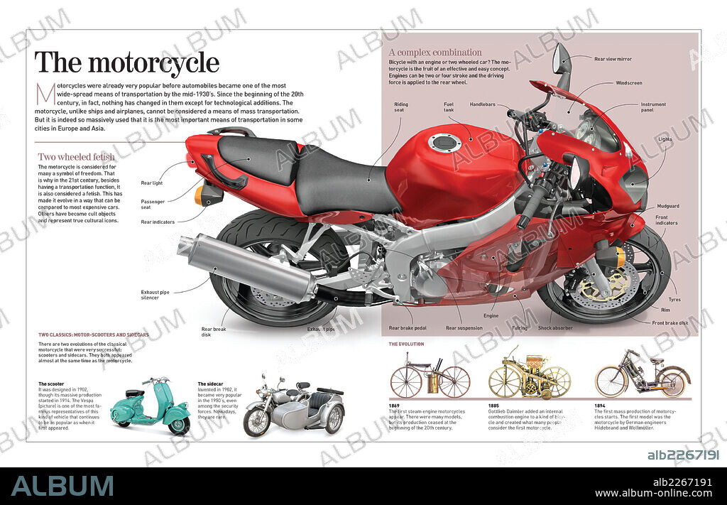 La motocicleta. Infografía de la motocicleta, de los clásicos que calaron hondo en la sociedad y de la evolución de las primeras motos (1869).
