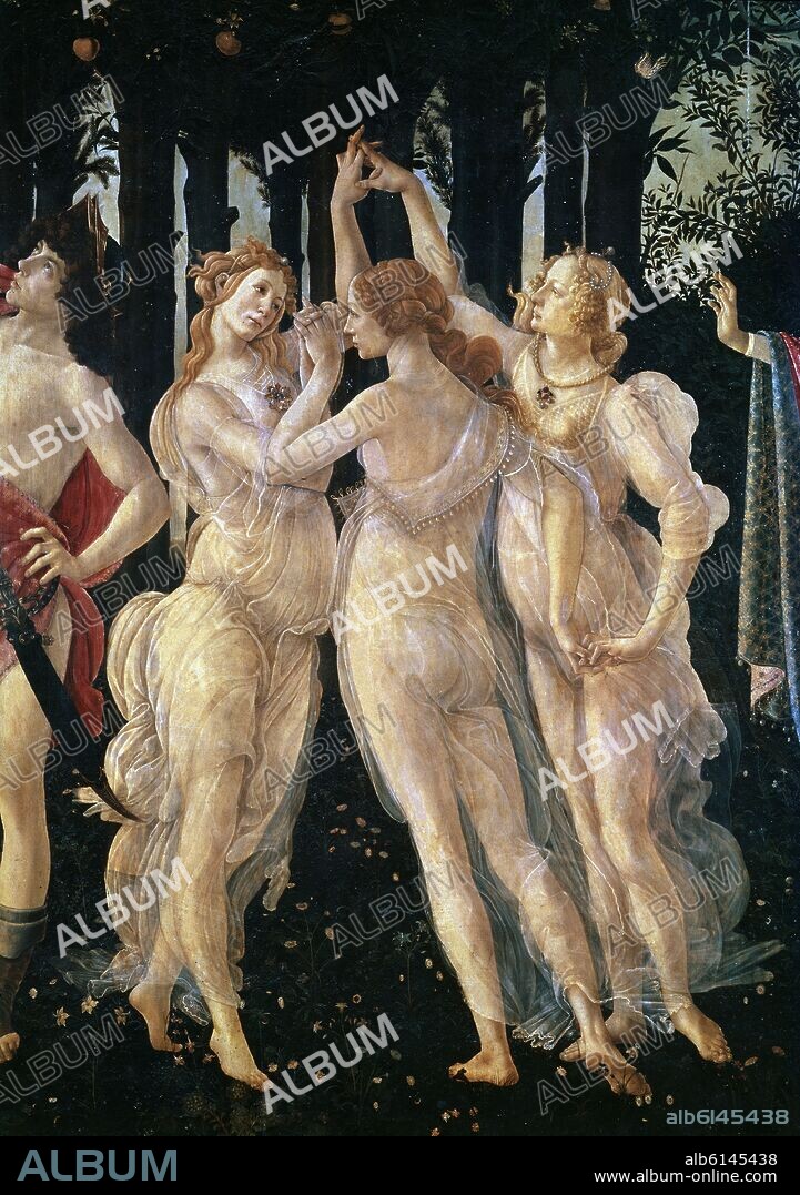 SANDRO BOTTICELLI. LA PRIMAVERA - DETALLE DE LAS TRES GRACIAS - SIGLO XV - RENACIMIENTO ITALIANO.