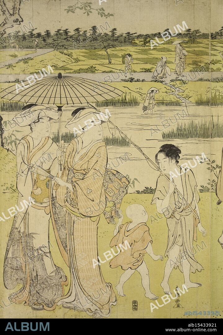 A holiday group in the country in summer. A sign post indicates that the place is near the village of Oshikama, Idzumiya (Japanese, active late 18th century), Date Created: 1788, (Approximate), Woodcuts, Extent: One sheet of a triptych, Extent: Image: 15 x 10 in. (38.1 x 25.4 cm), Sun-kissed summer scene, Oshikama village signs, Serene countryside.