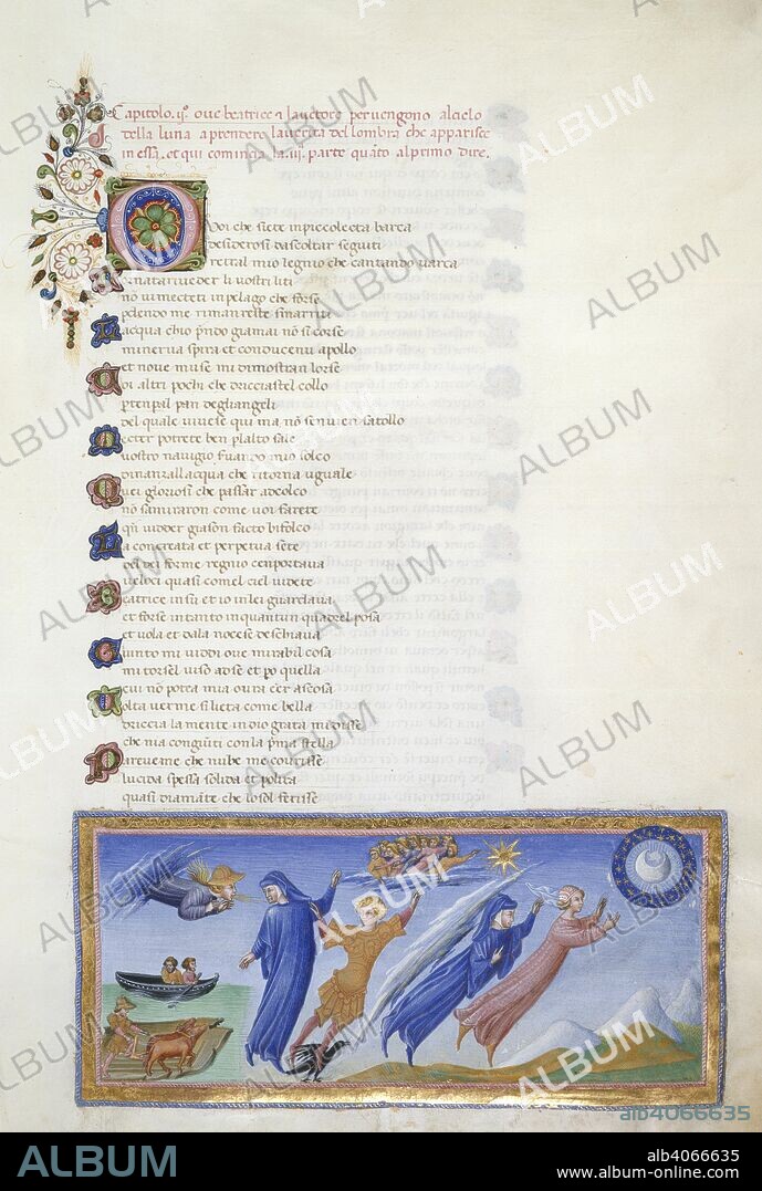 DANTE ALIGHIERI. Paradiso, Canto II. Miniature shows Jason ploughing; two men in a boat; Minerva blowing; Apollo leads Dante; the Muses on a bank of clouds point to Ursa Major; Dante and Beatrice ascend towards the Heaven of the Moon. Divine Comedy. Italy [Tuscany]; circa 1450. Source: Yates Thompson 36, f.131. Language: Italian.