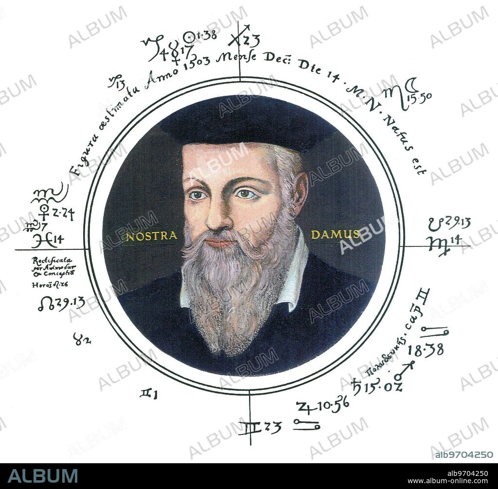 HOROSCOPES - NOSTRADAMUS. Nostradamus was born in St-Rémy, Provence, at 12:14:20 pm, local time, on 14 December 1503. This data is derived from the careful study of the horoscope of Nostradamus, in David Ovason, The Secrets of Nostradamus. A Radical New Interpretation of the Master's Prophecies, 2001, pp. 377-391. . The portrait in the present chart is one based on the picture painted by César, the son of Nostradamus, which is now in the Bibliothèque de la Mesjanes, Aix-en-Provence. The sigillization, rectification method, and representation of stellar influences, within this chart, are derived from the manuscript figures of the Danish astrologer Matthias Hacus Sumbergius, and in particular from the charts in the Prognosticon, which he constructed for Philip of Spain, and which is now in the National Library, Madrid. Sumbergius was one of the official astrologers of Philip II, concerning whose future Nostradamus had much to say in his Prophéties. The Greek word, Movuoeukns (in the area of zodiacal Cancer), is the name used by Ptolemy for the fixed star Pollux (the beta of Gemini, and the immortal one of the Twins), which was the primal stellar influence in the life of Nostradamus.