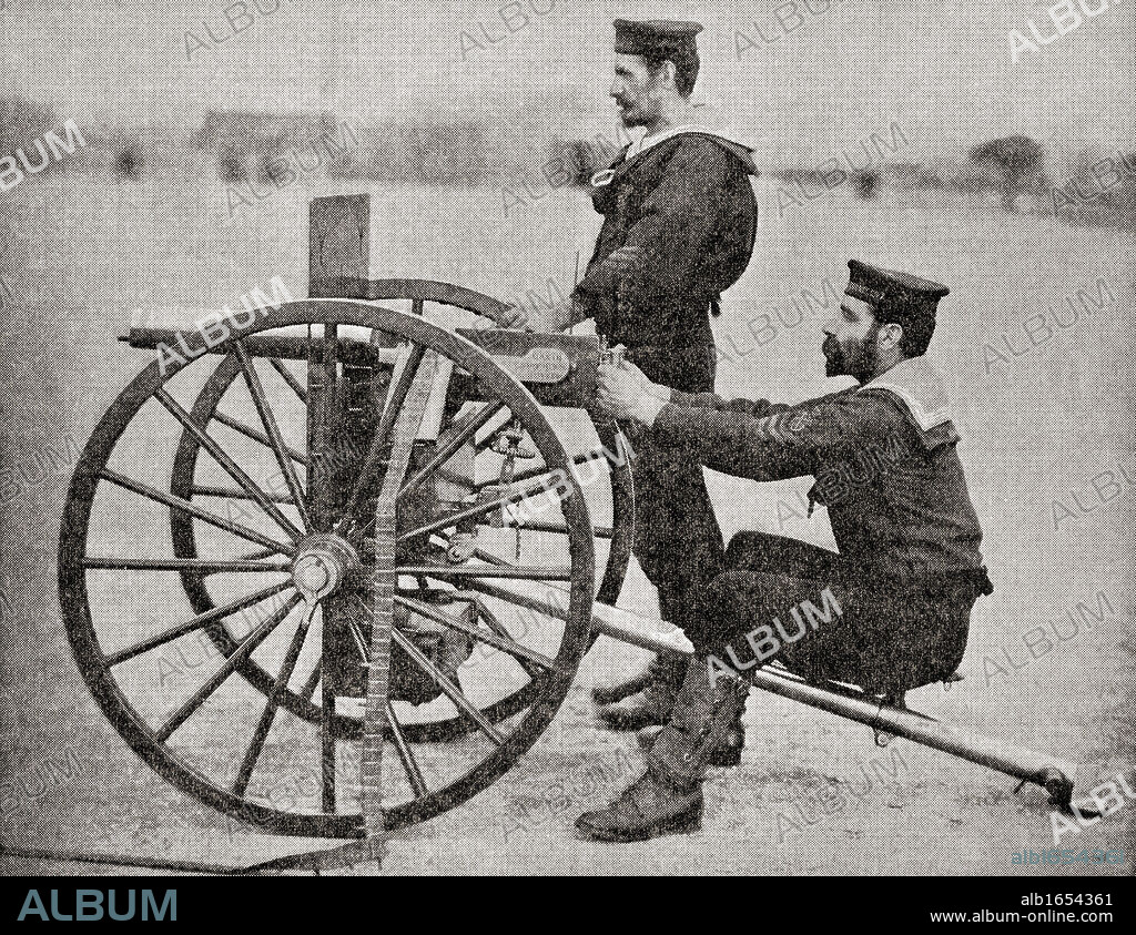 An early Maxim Gun in operation with the Royal Navy. From the book South Africa and the Transvaal War by Louis Creswicke, published 1900.