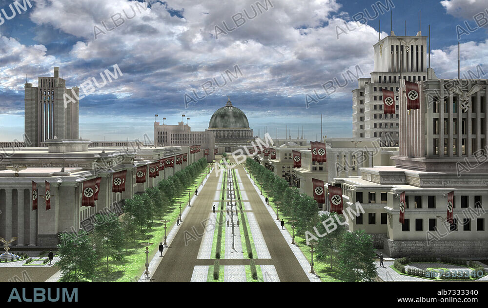 Caption English:Nazism / Architecture / 20th Century. Welthauptstadt Germania ( "World Capital Germania") : refers to the projected renewal of the German capital Berlin during the Nazi period, part of Adolf Hitler's vision for the future of Germany after the planned victory in World War II. (Albert Speer, the "first architect of the Third Reich", produced many of the plans for the rebuilt city in his capacity as overseer of the project, only a small portion of which was realized between the years 1937 and 1943 when construction took place). View of main avenue with the Volkshalle or Great Hall (Große Halle). Albert Speer's project (1937-1943). 3D Reconstruction.