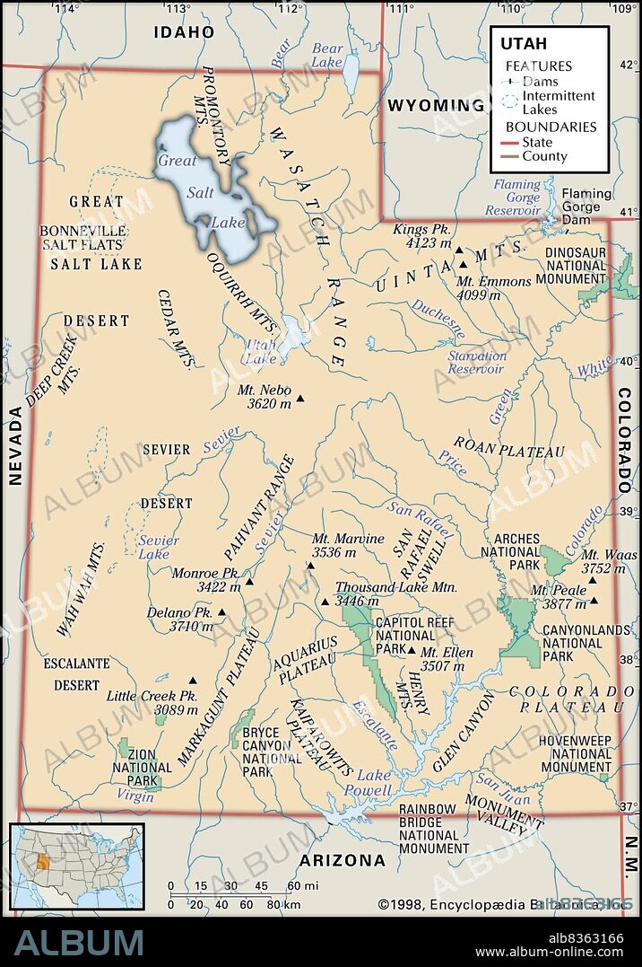 Physical map of Utah.