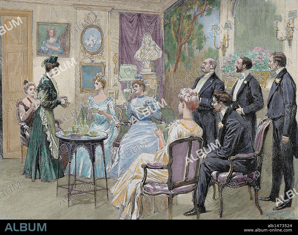 GEORGES BERTIN SCOTT. Meeting of aristocratic families in the living room. Colored engraving by George Scott, 1892.