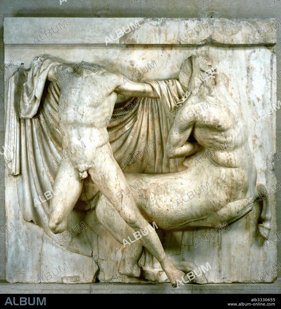 A Lapith fighting a Centaur, Parthenon Frieze; Athens, 5th century BC. The Metopes of the Parthenon are a series of marble panels, originally 92 in number, on the outside walls of the Parthenon in Athens, Greece, forming part of the Doric frieze.